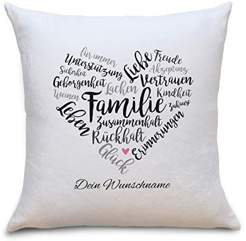 OWLBOOK Familie Herz Flauschiges Kissen mit Spruch Personalisiert mit Namen Geschenke Geschenkideen für die Familie zum Geburtstag Zierkissen mit Füllung