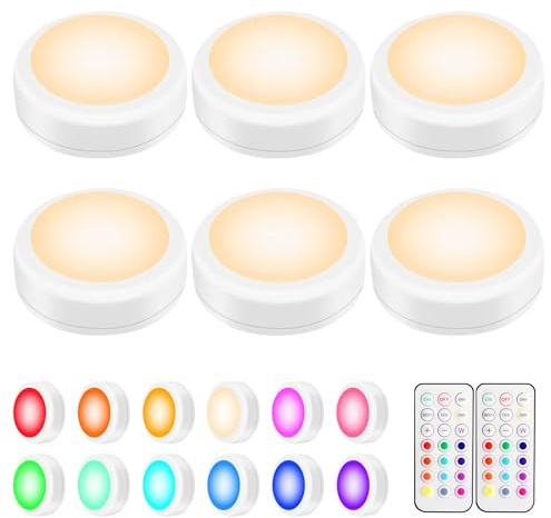 Alivation Led Under Cabinet Lighting Battery Operated Light, 6 Puck Lights with Remote Control, 13 Color Changing Stick on, Touch Push Tap Lights for Kitchen, Closet, Bookshelf, Stair, Display