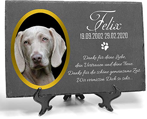 TULLUN Individueller Personalisiert Tiergrabstein Schiefer Gedenkstein + Ständer für Hund, Katze, Kaninchen und andere Haustiere - Größe 20 x 30 cm - Personalisiert Text und Ovales Foto