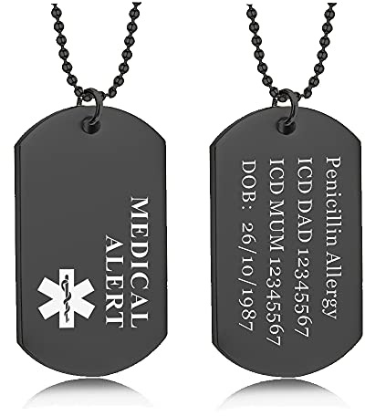 howson london Medical Alert Dog Tag Necklace for Men Women Personalized ID Medical Allergy SOS Awareness of Any Condition Ultimate Emergency Identity for Men Women or Teens with Chain