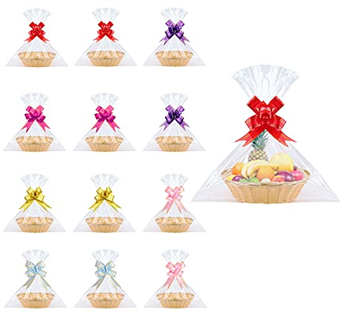 12 Set Kunststoff Geschenkkörbe Set mit 12 kleinen ovalen Geschenkkörben Leer, 30 transparente Korbbeutel mit 60 Schleifen zum Geschenkkörben, Geschenkverpackungen, Weihnachten, Hochzeit, Geburtstag