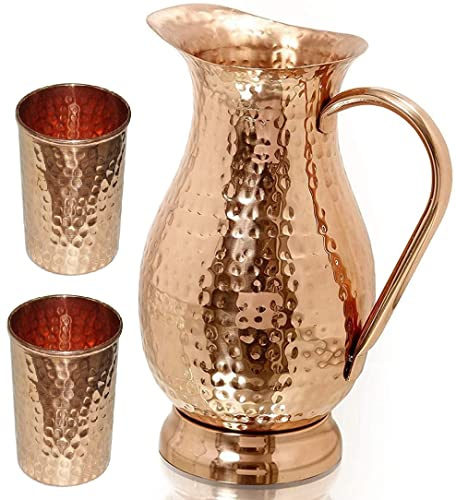 Royal Sapphire Kupferkrug mit Deckel – reines massives Kupfer, handgefertigt, gehämmerter Krug, reine Kupferkaraffe für Zuhause, Hotel und Geschenke mit 2 kostenlosen Kupfergläsern