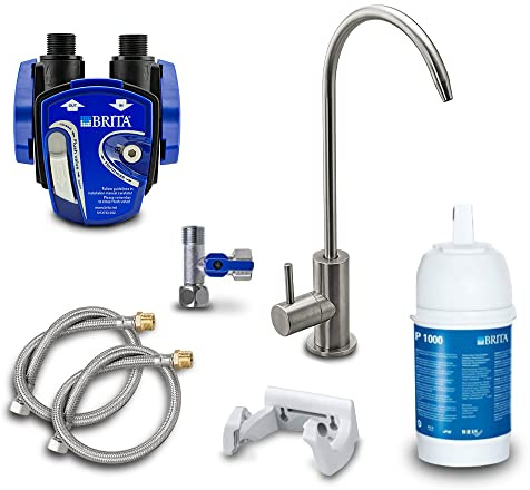 AORA | Untertisch-Wasserfilter-System mit 1-Weg-Wasserhahn | kompatibel mit BRITA Filter P1000 & Filterkopf | reduziert Kalk & verbessert Geschmack | SOFIA Edelstahl gebürstet ohne Digiflow