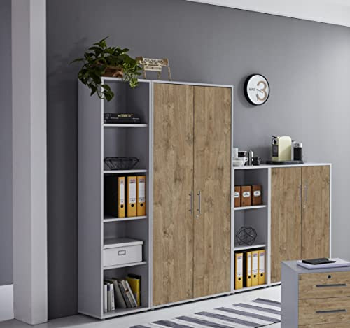 Schrankwand Office Edition abschliessbarer Aktenschrank Büroschrank Büromöbel Regal in Lichtgrau/Gold Harbor Oak (Set 4)