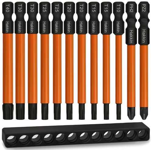 Hakkin 12 Stück Torx Bits Set,1/4 Kreuzschlitz Pozidriv Schraubendreher 75 mm Lang Bitsatz für Akkuschrauber PZ2 PH2 T10 T15 T20 T25 T30 T40 S2 Schlagschrauber Schraubenzieher Set
