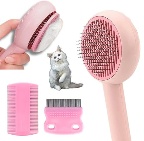 Cat Brush + 2 Flea Combs | Grooming for Short/Long Haired Pets, Hair Remover, Kitten Brush | Massage Function for Small Pets | Self-Cleaning for Shedding to Remove Loose Mats and Tangles