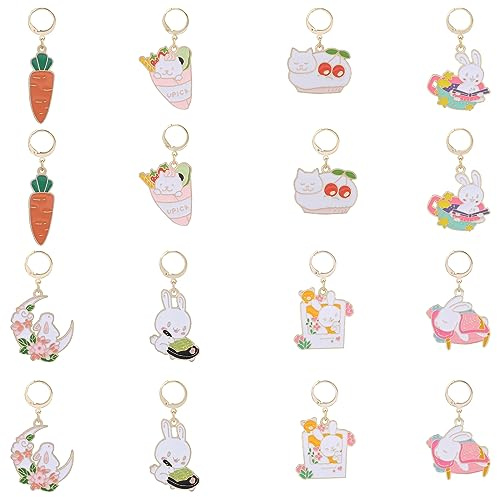 BEEFLYING 16 Stück Legierungs-Emaille-Hasen-Anhänger, Häkel-Maschenmarkierungs-Charms, abnehmbare Karabinerverschlüsse zum Stricken, Nähen, Quilten, handgefertigter Schmuck