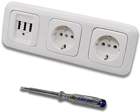 Busch Jäger Set: Unterputz Telefondose von EBROM, TAE 3x6 NFN für 1 Telefon und 2 Zusatzgeräte in ReflexSi alpinweiß, Rahmen und 2 x Steckdose 20EUC-214 inkl. EBROM Phasenprüfer zur Montage d. Geräte