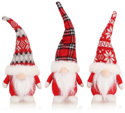 com-four® 3X Premium Weihnachts-Wichtel - Weihnachtsdeko - skandinavische Deko-Trolle - winterliche Zwergen-Figur - Dekoartikel - schwedischer Gnom mit Bart und Strickmütze (3X - grau/rot/weiß)
