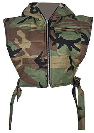 Dongfeng Womens Cropped Denim Camo Puffer Vest Sleeveless Hooded Drop Shoulder Sexy Tied Padded Puffy Vests Tops(Camo,XL)