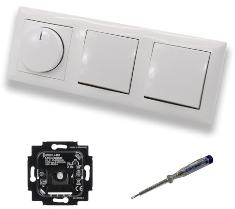 Busch Jäger 6523U-102 LED Drehdimmer Dimmer + Dimmerscheibe 2115-914 und 2 x Kreuzschalter 2000/7 US in Balance Si alpinweiß glänzend inklusive EBROM Phasenprüfer zur Montage der Geräte 6523 U – 102