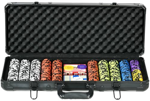 SPORTNOW Mallette de Poker Coffret de Poker Complet, avec 500 jetons à 14g, 5 dés, 2 Jeux de Cartes 3 Boutons Texas Holdem, Cartes de Poker, Bouton Dealer