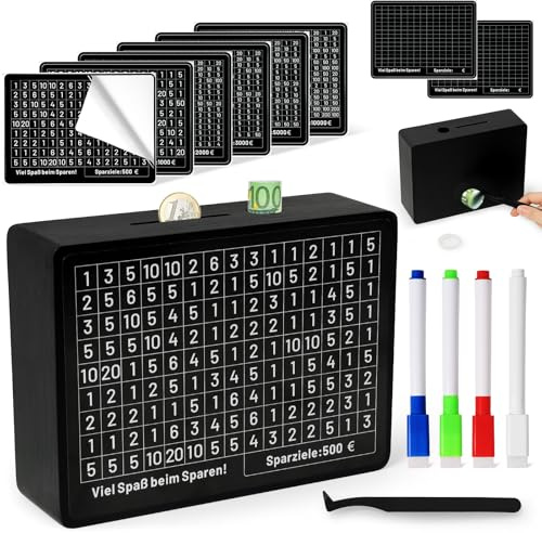 Yokuni Spardose Mit Zähler, Sparbox Mit Zahlen Ankreuzen, Keine Montage Erforderlich, Sparschwein Aus Holz Mit Zähler, Goalsaver Box, Spardose €500 €1,000 €2,000 €3,000 €5,000 €10,000 Euro (Schwarz)