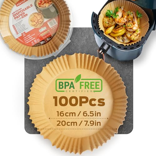 PORTENTUM Papel freidora aire 100 unidades Food-Grade BPA free de 16-20 cm Papel Air Fryer Redondo - Ideal para una cocción saludable