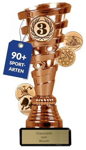 pokal-fabrik Pokal mit Gravur Wunschtext – Gold, Silber & Bronze Trophäe mit Sportart Emblem nach Wahl – Personalisierte Auszeichnung für Fußball WM & andere Sport Events – 15 cm inkl. Marmorsockel