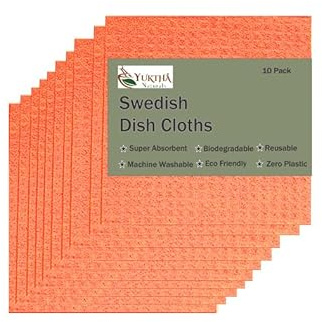 Yuktha Swedish Dish Cloth - Eco Friendly Reusable Dish Cloths, Absorbent Cellulose Sponge Cloth for Cleaning Kitchen - 10 Pack (Orange)