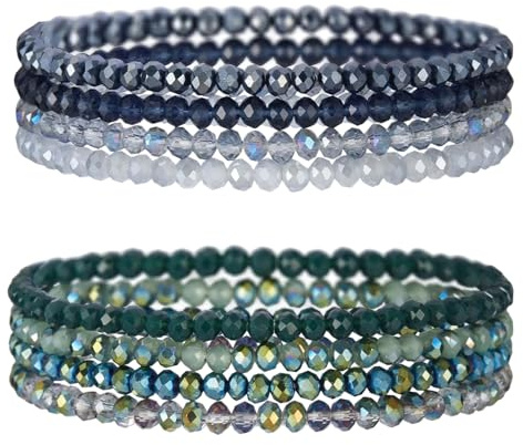 Crrynuo 2 Stück Damen Kristall Perlen Armband, Boho Modeschmuck Mehrschichtiges Steine Armband Modeschmuck, Paar/Freundschafts/Partner Armbänder(Tiefblau+Tiefgrün)