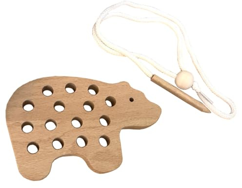 NoriKids Fädelspiel aus Holz – Motorikspielzeug – Motiv Bär (Hellbraun) | Fädeln schult Feinmotorik & Konzentration – Lernspiel für Kinder – Montessori Spielzeug 2 Jahre