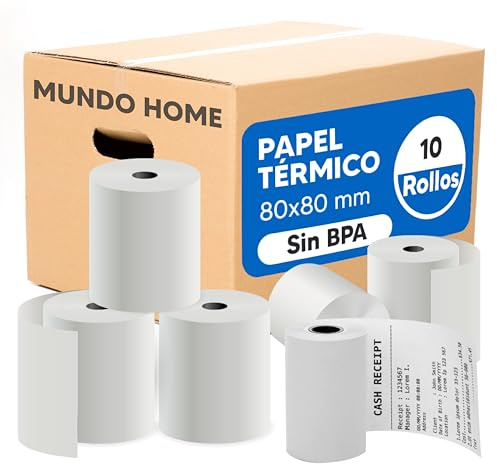 Mundo Home 10X Papel Térmico 80x80mm 60 GSM sin BPA - Papel Datáfono Impresión Rápida y Nítida para Cajas Registradoras y Tickets - Ideal para Impresoras Térmicas y Datáfonos, sin BPA