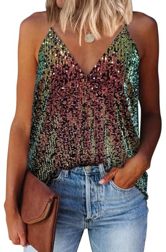 EUDOLAH Ärmellose Damen Unterhemden mit Pailletten schimmerndes Oberteil Glitzer Top Tanktops Party Tunika Glitzerbluse, Rot, Size L