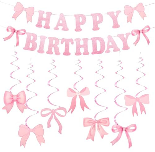 Decorazioni Compleanno,Kit Decorazione Festa di Compleanno, Striscione “Happy Birthday” con Fiocco rosa, Party kit, decorazione di compleanno per adulti e bambini, per ragazze e ragazzi