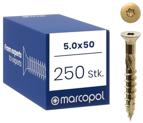 Marcopol Holzschrauben mit Senkkopf 5 x 50 mm 250 Stück TX25 | Gelb Verzinkt Senkkopfschrauben mit TX Antrieb - Schrauben mit Frässpitze, Schneidkerben, Aufbohrfräse