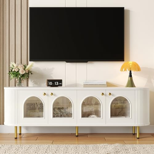 Jaxenor 170 cm TV Schrank mit Glastüren, TV Board mit Goldene Griffe und Beine, Modern Fernseher Schrank für Wohnzimmer und Entertainment-Bereich, Stilvolles Fernsehschrank, Weiß