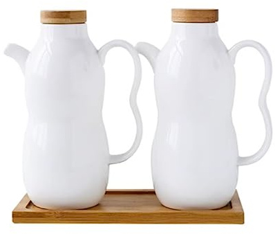 ATMRC Distributeur d'huile et de vinaigre Distributeur d'huile et de vinaigre, Bouteille Vintage en céramique, Bouteille d'huile avec Couvercle en Bois Sauce soja Vinaigre Cruet Container Cuisson(M)