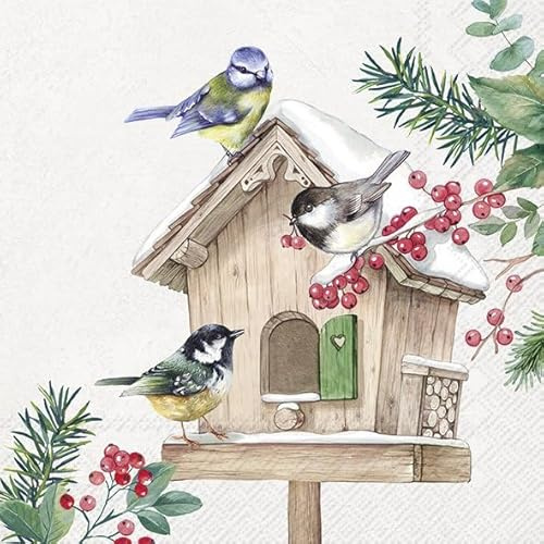 Servietten 3-lagig 33 x 33 cm | 20 Stück | Papierservietten Bunt Perfekt für den Weihnachtstisch | Weihnachten | Winter | Tischdeko | Decoupage | Serviettentechnik (Vögel am Futterhäuschen)