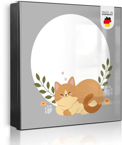 banjado Großer Schlüsselkasten Metall - Schlüsselbox 30x30cm beschreibbarer mit 32 Haken - Schlüsselkasten modern für Schlüsselaufbewahrung - Korpus Schwarz Scharnier Rechts - Motiv Schlafende Katze i