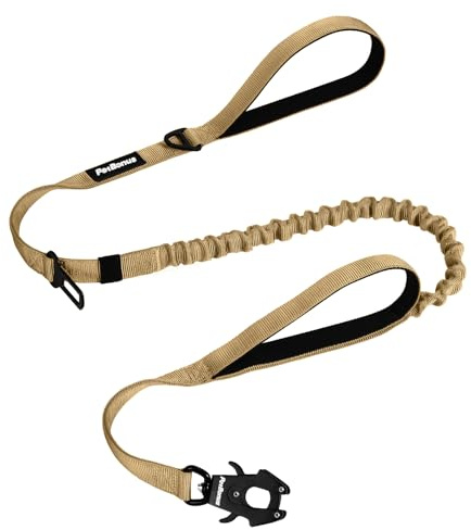 PetBonus kraftigt taktiskt hundkoppel, 150 cm bungeekoppel med 2 vadderade handtag, snabbkoppling, bilbältesfäste, dragfritt för stora och medelstora hundar (khaki)