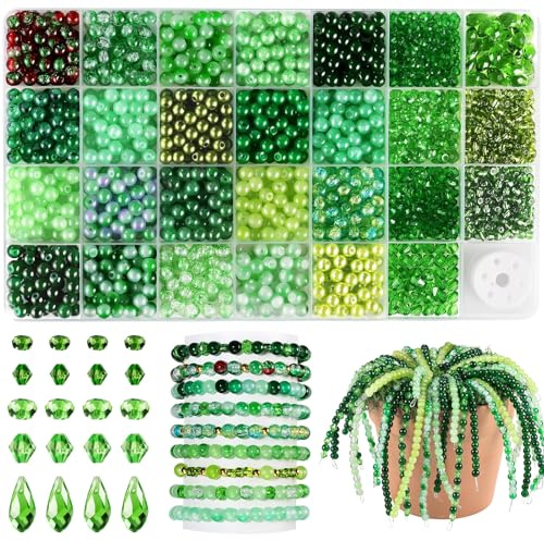 1600 Stück Grüne Perlen, Funtopia 6mm Glasperlen für Armbänder | Kristallperlen Set mit Facettiertenperlen und Rocailles, DIY Basteln und Schmuck Selber Machen, für Erwachsene