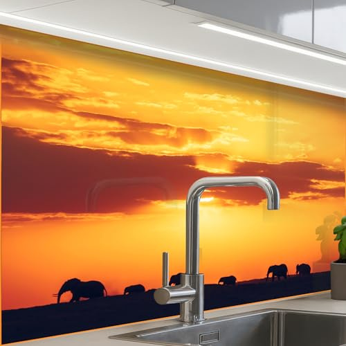 KitchenYeah© Spritzschutz Küchenrückwand Küche Abwaschbar Selbstklebend | 60x80 cm - Küchenwand Küchenfront Küchen Rückenwand Wandschutz Elefanten - Sonnenuntergang - Tiere - Horizont
