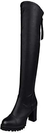 Generisch botas sobre la rodilla estiramiento de tacón alto grueso con cremallera de color sólido, Negro , 38 EU