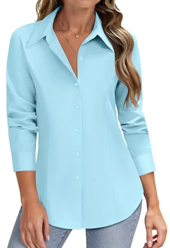 HOTOUCH Long Sleeve Shirts for Women Office Work Button Down Shirts Dressy Casual Stain Shield Wrinkle Free Tops Light Blue