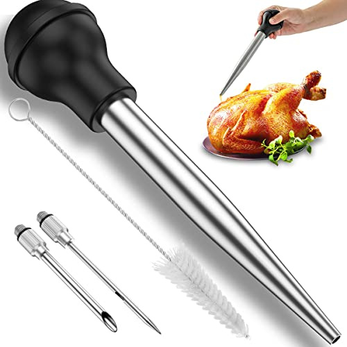 Turkey Baster Set of 4, Stainless Steel Baster for Cooking, Chicken Basting Cooking Pipette with 2 Needles Silicone Bulb and Cleaning Brush Meat Basters for Oiling and Marinating Turkey Beef Pork Fish