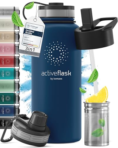 Trinkflasche Edelstahl ACTIVE FLASK + Strohhalm (3 Deckel) BPA-frei, Auslaufsicher, Kohlensäure geeignet - Wasserflasche Fahrrad Thermosflasche Isoliert Isolierflasche Sport Wasser Flasche Kinder Tee