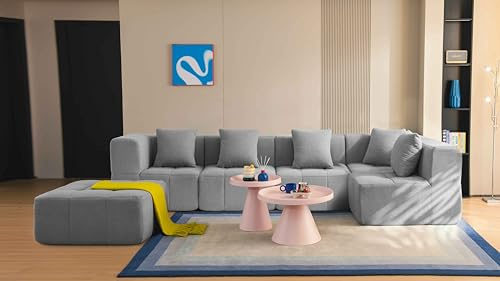 MILYsofa Modulares Wohnlandschaft, 5-Sitzer mit Ottomane, Bouclé-Bezug Wolkengrau, 6-teilig, Abnehmbare Kissenbezüge (Wolkengrau, Wohnlandschaft)