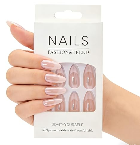 XIAOZHIFU 24 Piezas Uñas Postizas Cortas Almendradas Francesa con Borde Blanco, Press on Nails con Pegamento de Gel, Uñas Falsas de Gel Cobertura Completa, con Lima y Palito para Mujeres y Niñas