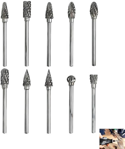 10 PCS Tungsten Carbide Rotary Burr Set, Rotary Tool Burrs Double Cut Carving Bits with 1/8 Shank Compatible with Dremel Tools, Woodworking, Metal Engraving, Drilling, Steel Carving, and Polishing
