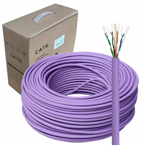 JUSTOP 100M CAT6 Cable Reel LSOH LSZH AWG23 Ethernet LAN UTP Roll Bulk CAT 6 CCA Cable, Indoor & Outdoor External Grade PE Jacket - 330ft Networking Line (Low Smoke - Purple)