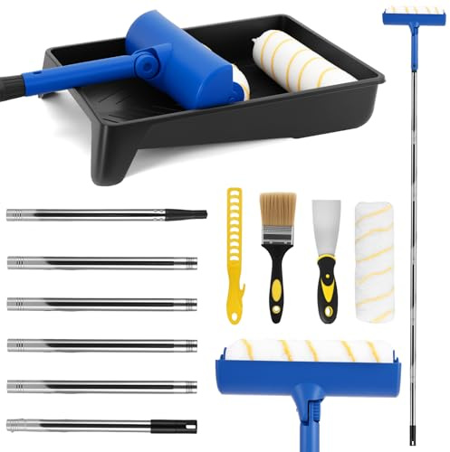 Paint Roller and Tray Set, 9 Inch Paint Roller Set with 1.7m Extension Pole | 12pcs Paint Roller Brush Set Include Paint Tray Brush Roller Paint Mixer Tapered Adapter for Painting Walls and Ceilings