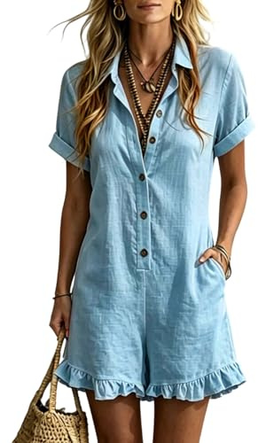 Shorts Jumpsuit for Women Uk Summer Button Down Romper Short Sleeve Roll up Overalls Cotton Linen Ruffle Trim Playsuits Casual Breathable Lapel Neck Dungarees with Pockets