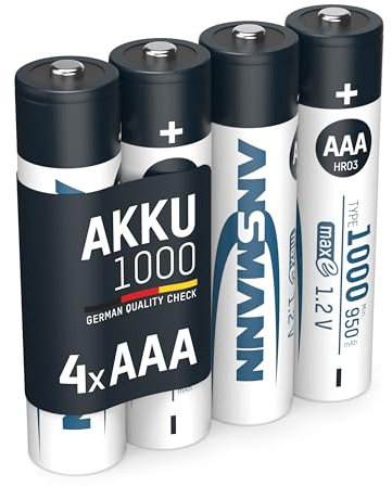 ANSMANN Piles rechargeables NiMH Micro AAA 1000 mAh (lot de 4) – Piles HR6 à faible autodécharge & haute capacité – Petits accumulateurs pour appareils énergivores (caméras, appareils de mesure, etc.)