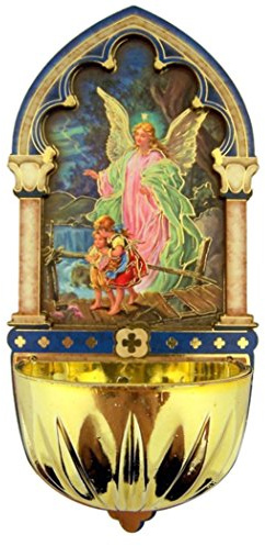 Religious Gifts Guardian Angel Gold Embossed Laser Cut Wood Multi-Dimensional Holy Water Font, 5 Inch