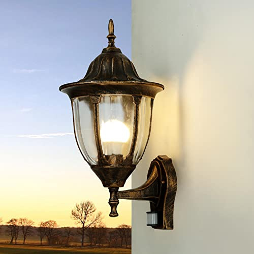 Licht-Erlebnisse Lámpara de pared exterior MILANO de estilo retro color cobre con detector de movimiento E27 IP23, Aplique Farol para jardín y terrazas