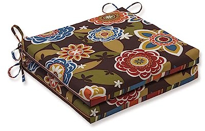 Pillow Perfect Reversible Floral Stripe Indoor/Outdoor Square Corner Chair Seat Cushion with Ties, Plush Fiber Fill, Weather, and Fade Resistant, 20 x 20, Brown/Orange Annie, 2 Count