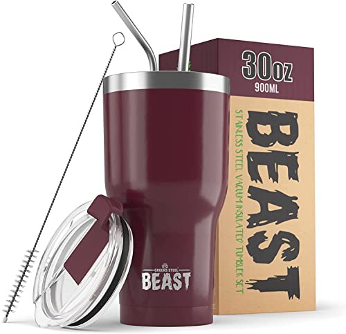 Beast Tumbler - 900 ml (30 oz), Cranberry | Reusable Stainless Steel, Vacuum Insulated Cup | with + 2 Straws & Cleaning Brush | Double Wall Travel Flask Perfect for Hot or Iced Coffee | BPA Free
