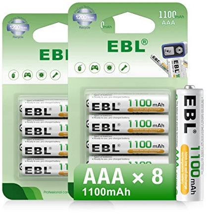 EBL 1.2V AAA Batterie Ricaricabili Durature, Pile Ricaricabili da 1100mAh Ni-MH con 1200 Tech, Confezione da 8 pezzi