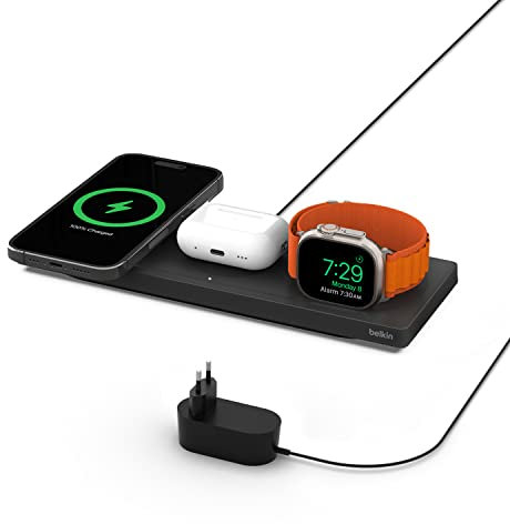 Belkin Caricabatteria wireless 3 in 1 con MagSafe, tappetino di ricarica rapida MFi, caricatore wireless per iPhone 16, 15, 14, 13, 12, Apple Watch 9, 8, 7, Ultra e precedenti, AirPods 2, Pro